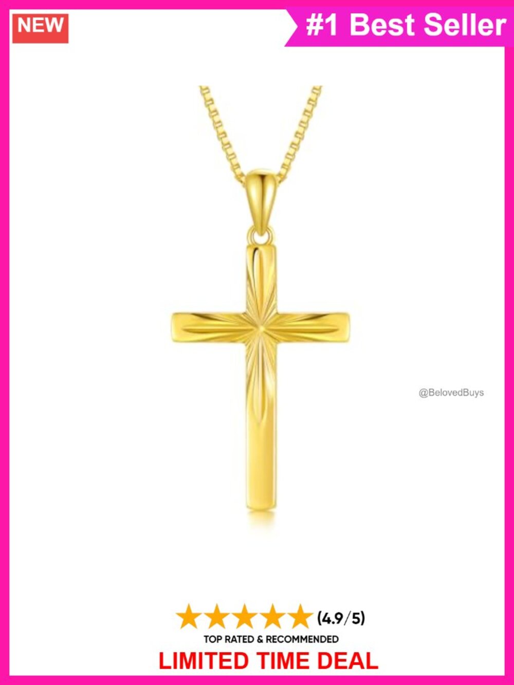 14K Solid Gold Cross Necklace Diamond-Cut Pendant 18" Box Chain
